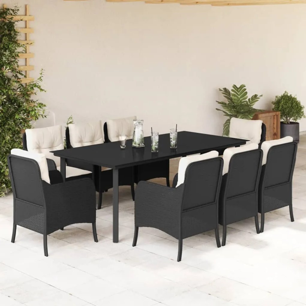 9 pcs conjunto de jantar p/ jardim c/ almofadões vime PE preto