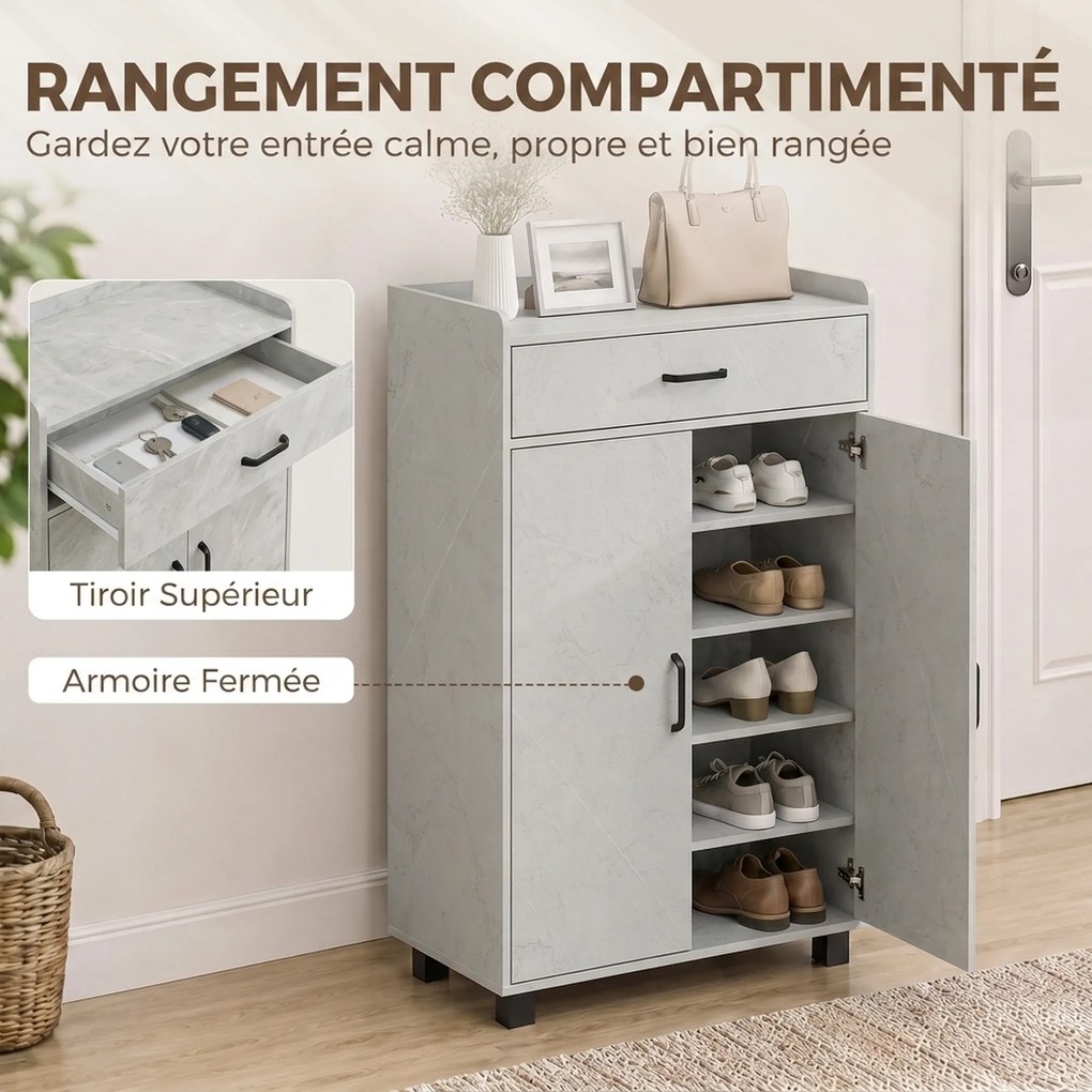 Sapateira, Móvel para Sapatos com 2 Portas, 62,5 x 35 x 95 cm, Prateleiras Reguláveis, Cinzento