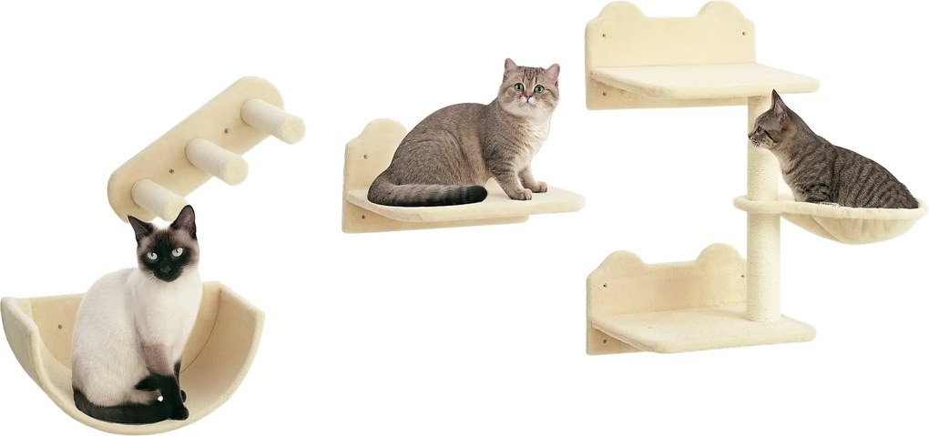 PawHut Prateleiras Parede Gatos 4 Peças Rede Plataforma Semicircular Salto Poste Sisal Confortável Resistente Bege | Aosom Portugal