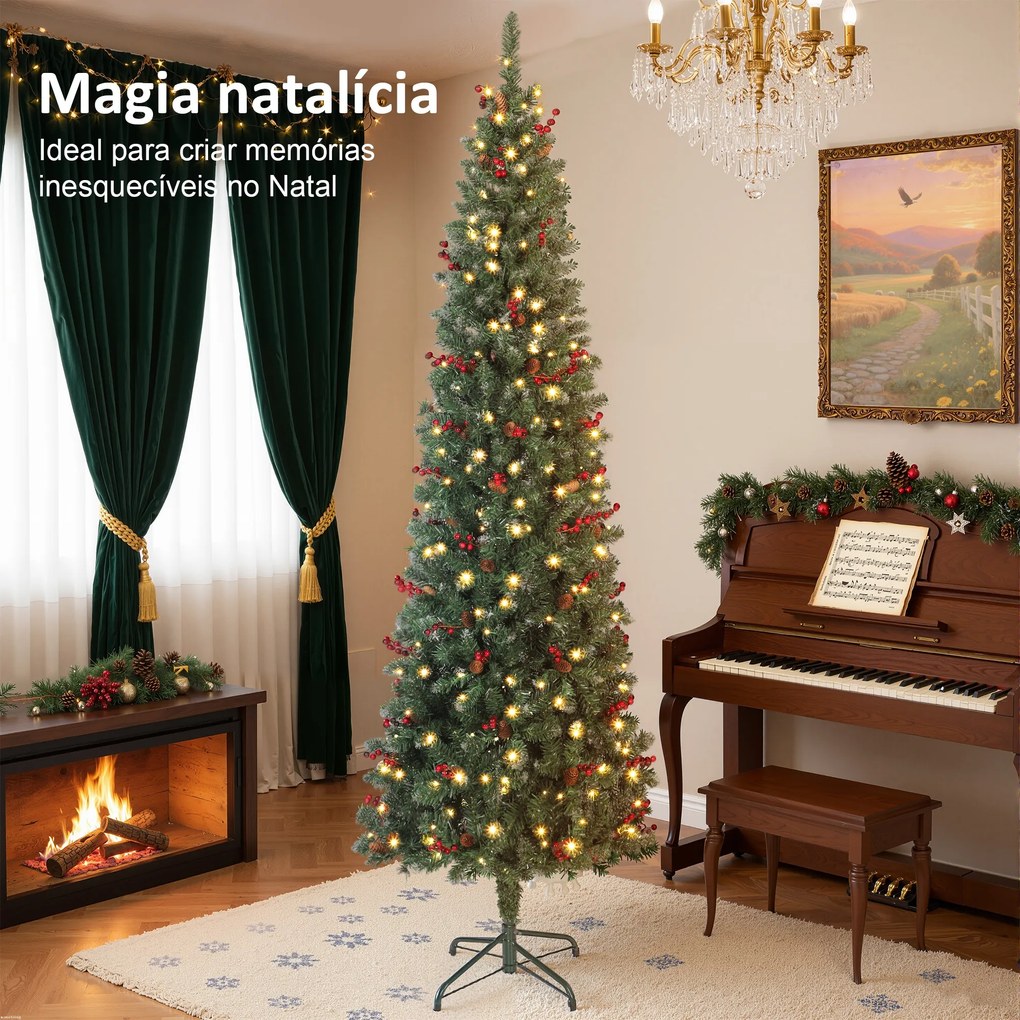 Árvore de Natal Slim 230 cm com Luzes LED 8 Modos de Iluminação 761 Ramos com Purpurina Prateada Pinhas e Bagas Verde