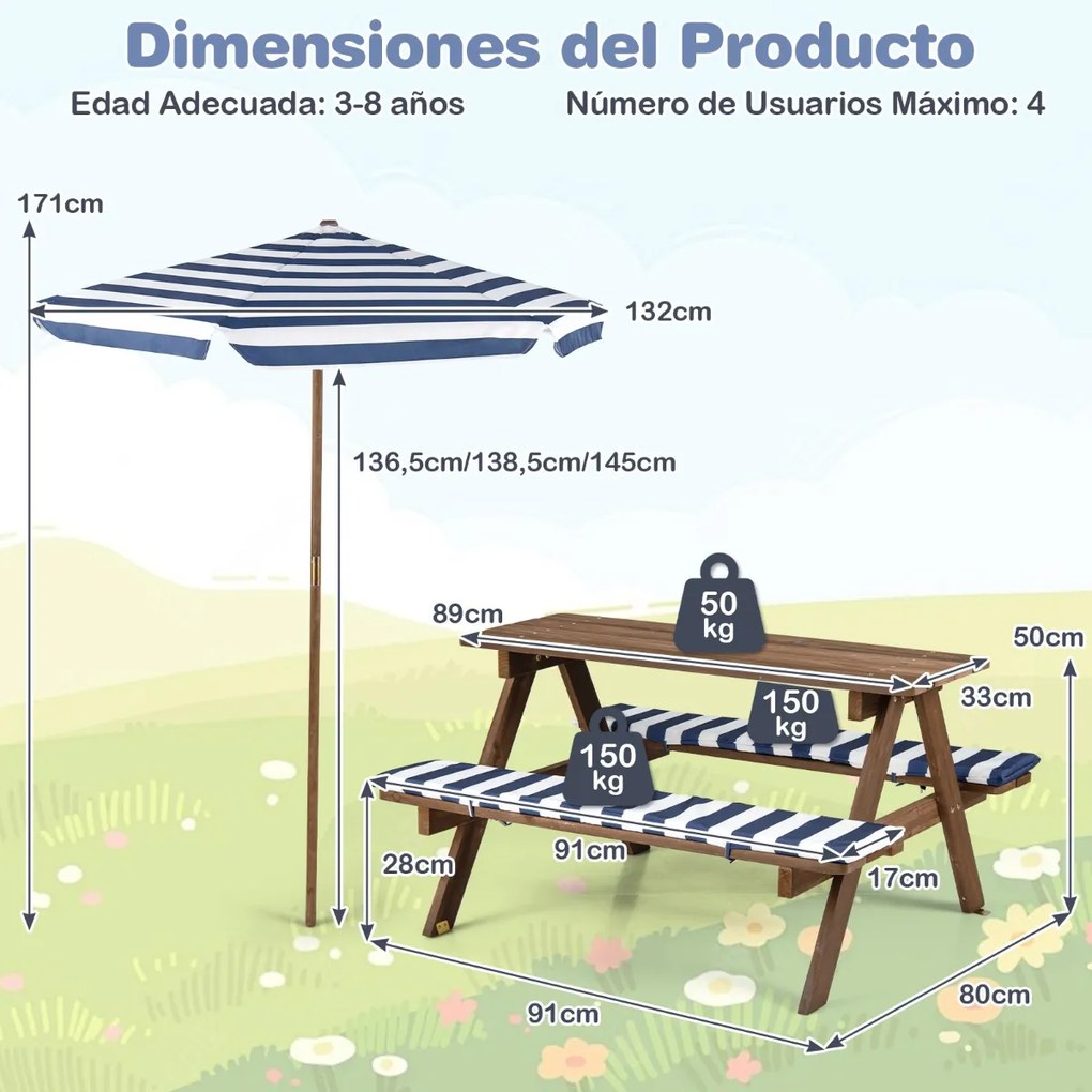 Conjunto de mesa de piquenique para crianças com 2 bancos de madeira, guarda-sol dobrável e ajustável, almofadas para uso interior e exterior, azul-ma