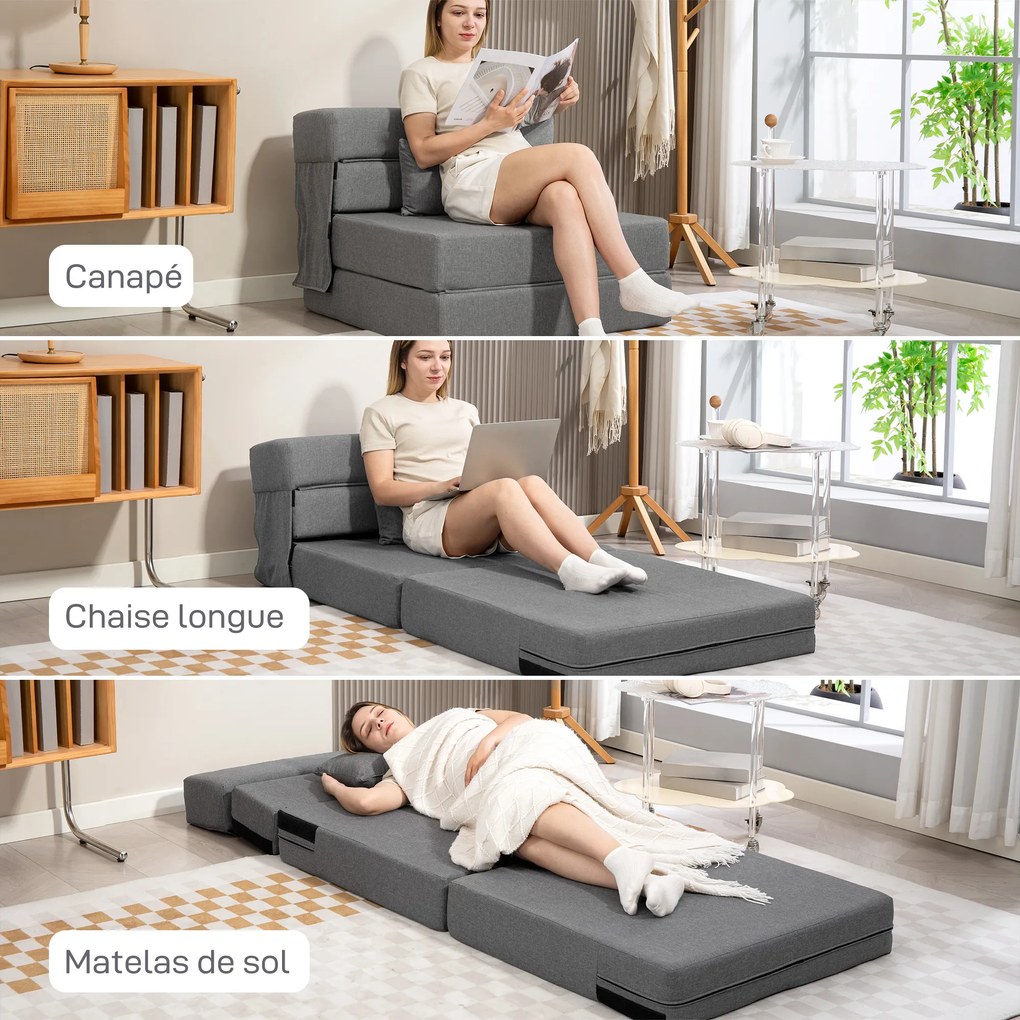 Poltrona convertível de 1 lugar, poltrona-cama dobrável, almofada incluída, capacidade de 120 kg, cinzenta