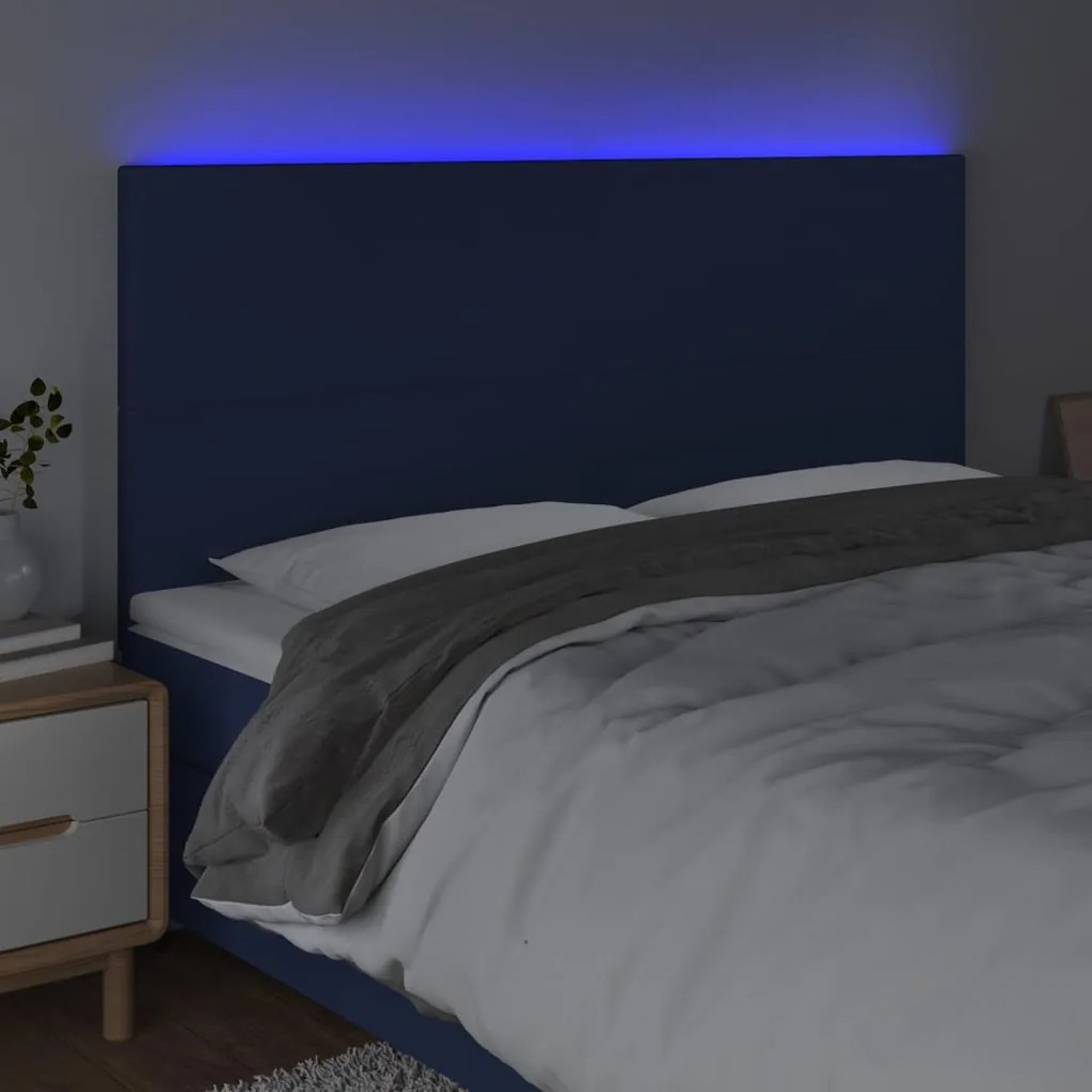 Cabeceira de cama c/ luzes LED tecido 160x5x118/128 cm azul