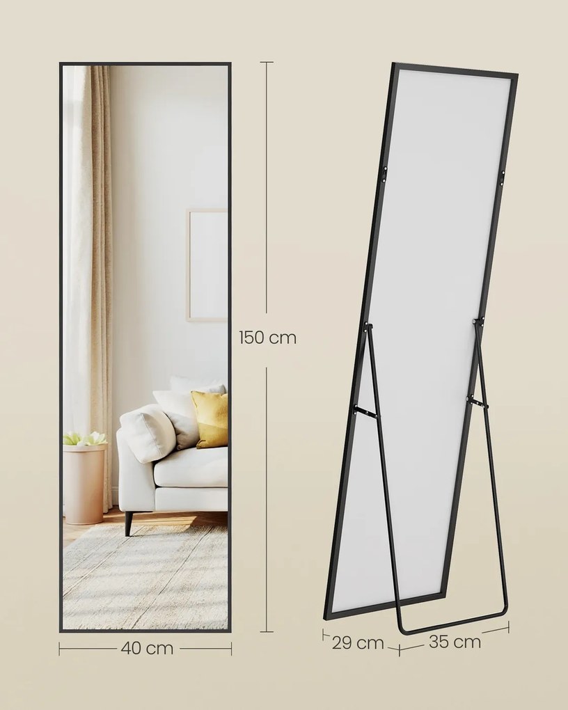 Espelho Pé de corpo inteiro com 150 x 40 cm e moldura resistente e Vidro temperado Preto 