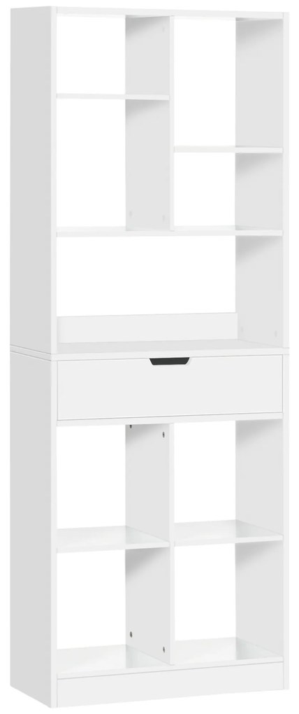 HOMCOM Estante Madeira 1 Gaveta 9 Compartimentos Armazenamento Prático 60x26x158cm Organização Espaço Branco Moderno | Aosom Portugal