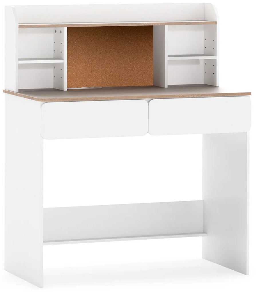 Secretária infantil 90 x 48 x 109 cm com estação de carregamento, tampo amplo, prateleiras ajustáveis e 2 gavetas para crianças para estudo,, branca