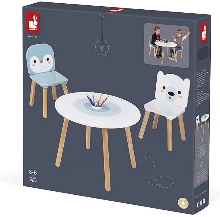 MESA E 2 CADEIRAS, 1 CADEIRA PINGUIM E 1 CADEIRA URSO POLAR BRANCO