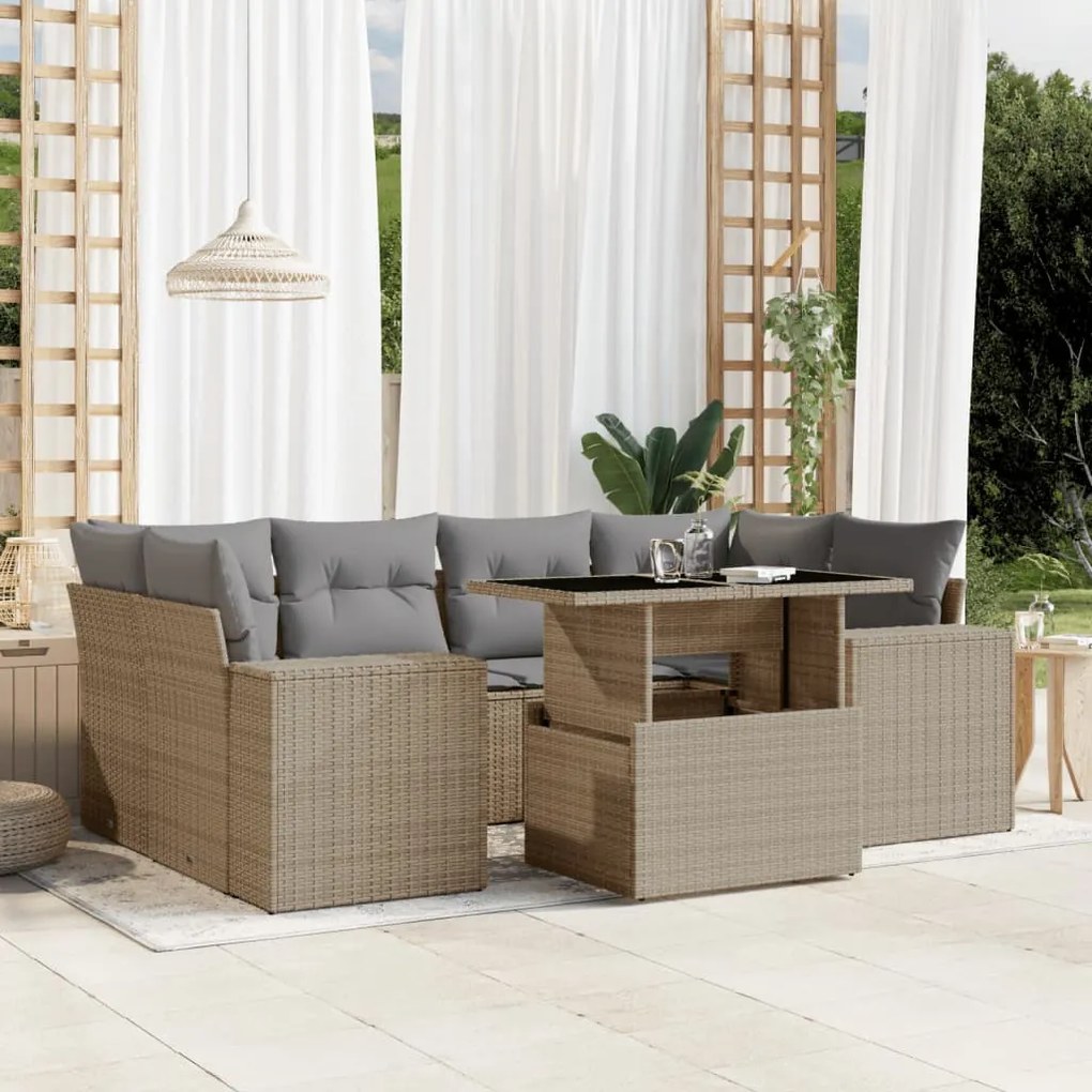 vidaXL 7 pcs conjunto de sofás p/ jardim com almofadões vime PE bege