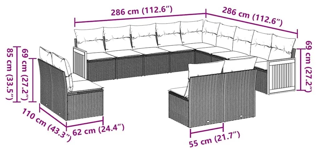 13 pcs conjunto de sofás de jardim com almofadões vime PE preto