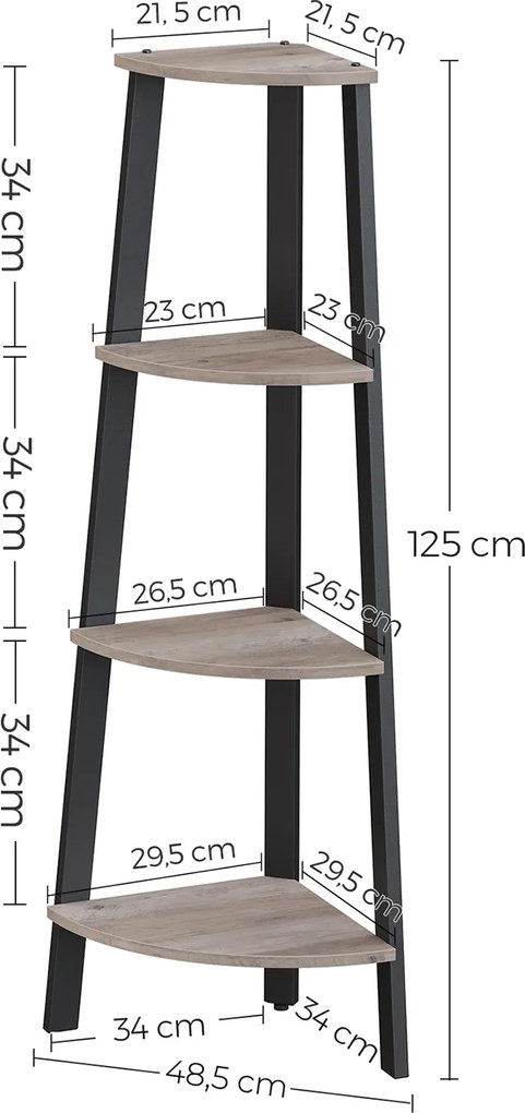 Estante de canto com 4 prateleiras 34 x 34 x 125 cm preto-greige