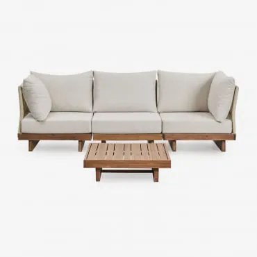 Conjunto De Sala De Estar Com Sofá Modular De 3 Peças Com 2 Poltronas De Canto E Mesa De Centro Em Madeira De Acácia Dailin Castanho Acácia - Sklum