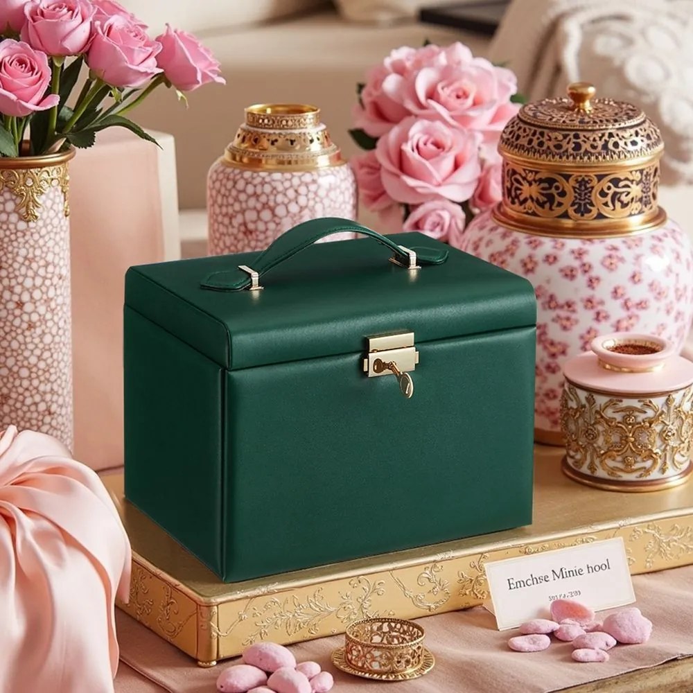 Caixa para joias com 4 níveis e espelho 17,5 x 22,5 x 16,5 cm verde vintage