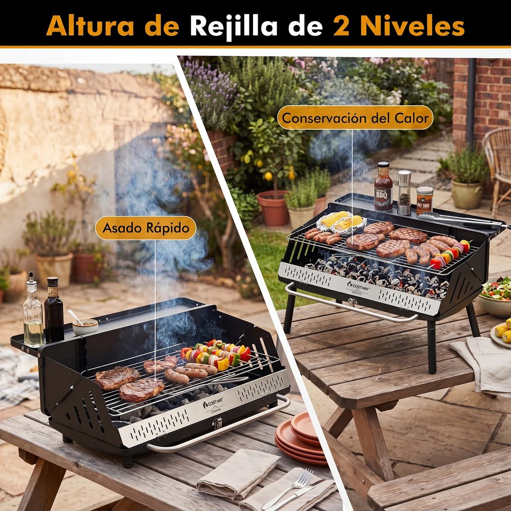 Grelhador a Carvão Dobrável Portátil, 81 x 48 x 84 cm, Grelha Regulável Preto