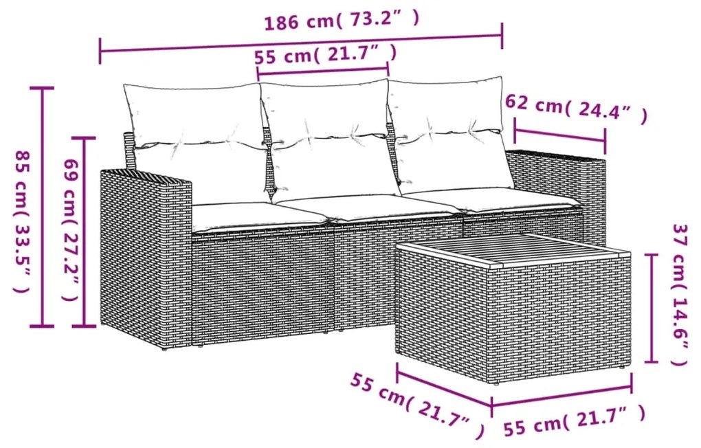 4 pcs conjunto sofás de jardim c/ almofadões vime PE cinzento