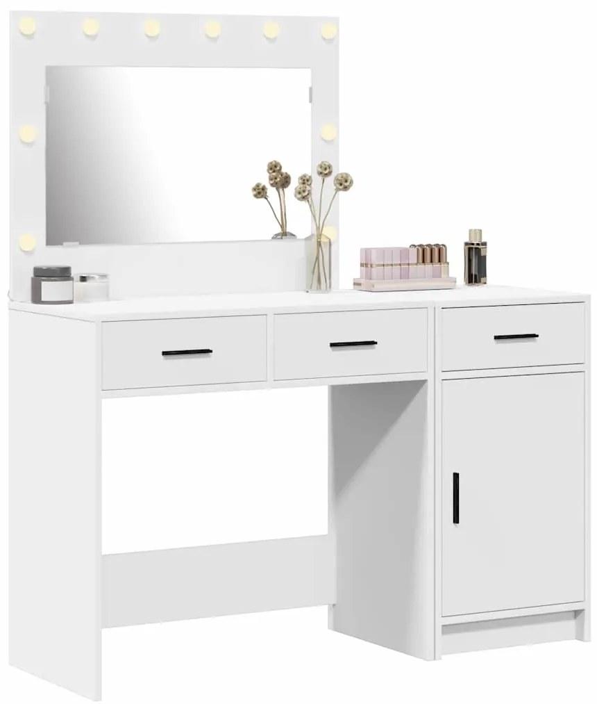 Conjunto de Mesa de Maquiagem de 2 Peças com LED em Madeira Branca