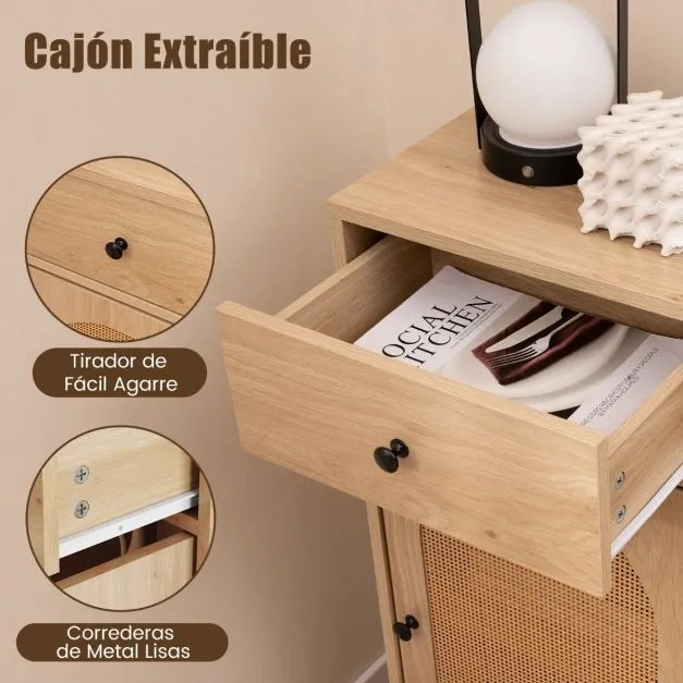 Armario arrumação de rattan PE com gaveta deslizante Porta de rattan PE Suporte metálico com pernas ajustáveis para sala de estar Quarto Hall de entra
