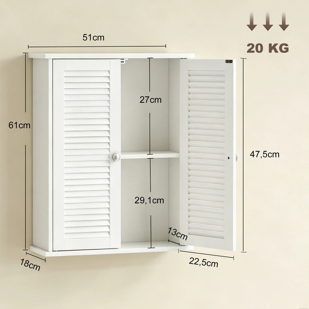 Armário de parede para casa de banho 51 (L) x 18 (P) x 61 (A) cm, móvel suspenso de arrumação com 2 portas com persianas e prateleira ajustável, branc
