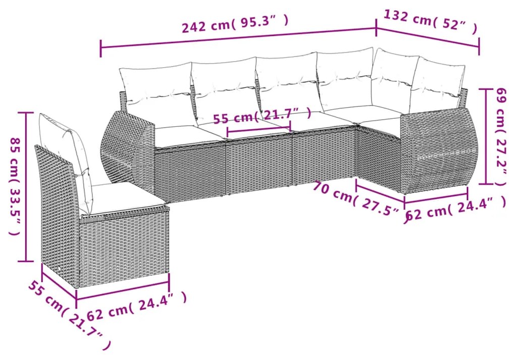 6 pcs conj. sofás jardim com almofadões vime PE cinzento-claro