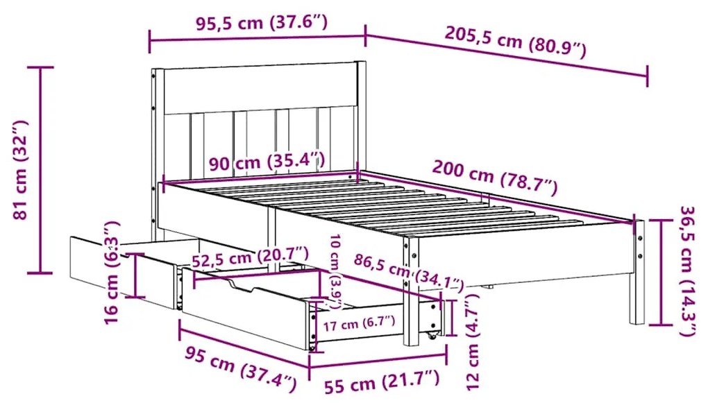 Cama sem colchão 90x200 cm pinho maciço castanho-mel