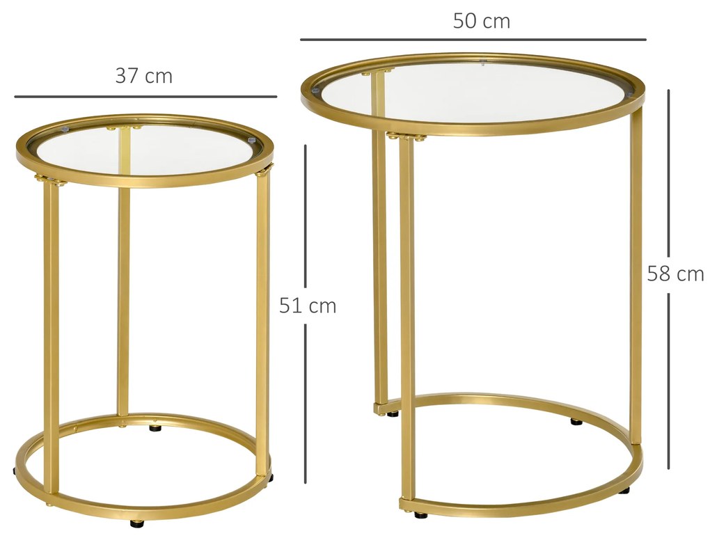 HOMCOM Conjunto de 2 Mesas Auxiliares Mesas Auxiliares com Estrutura de Metal e Bancada de Vidro para Sala de Estar Dormitório Ø50x58 cm e Ø37x51 cm Dourado