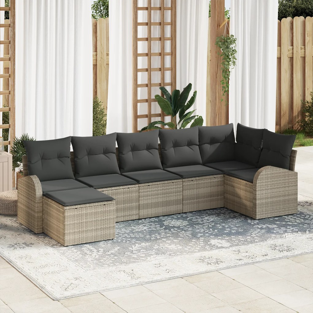 Conjunto de Sofá de Jardim de 7 Peças com Almofadas Cinza Claro Rattan