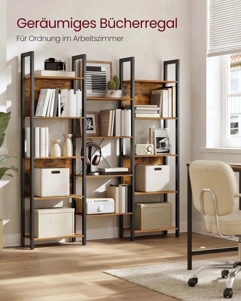 Estante com estrutura em metal 24 x 128 x 166 cm e 14 prateleiras em castanho e preto