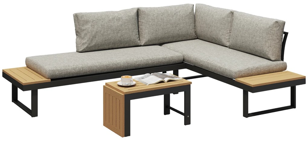 Conjunto de Jardim de 3 Peças Móveis de Exterior com 2 Sofás de 2 Lugares e Mesa de Centro Versátil Conjunto de Sofá de Exterior Cinza