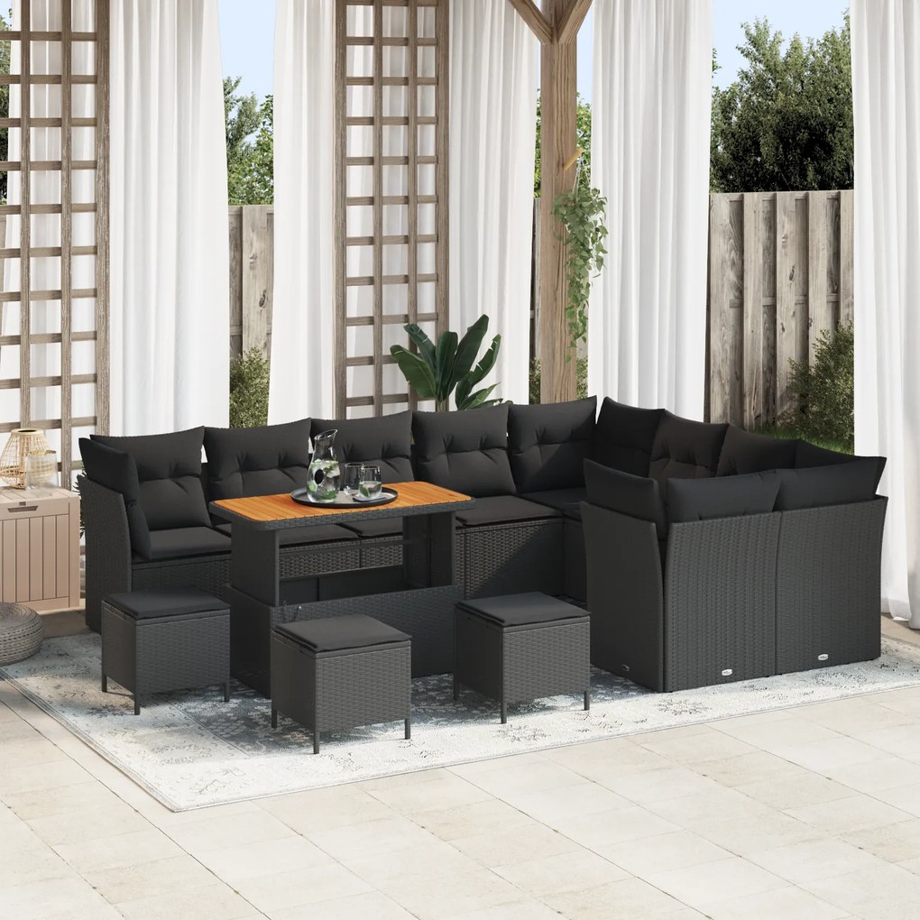 Conjunto de Sofá de Jardim vidaXL de 13 Peças com Almofadas Preto Ratt
