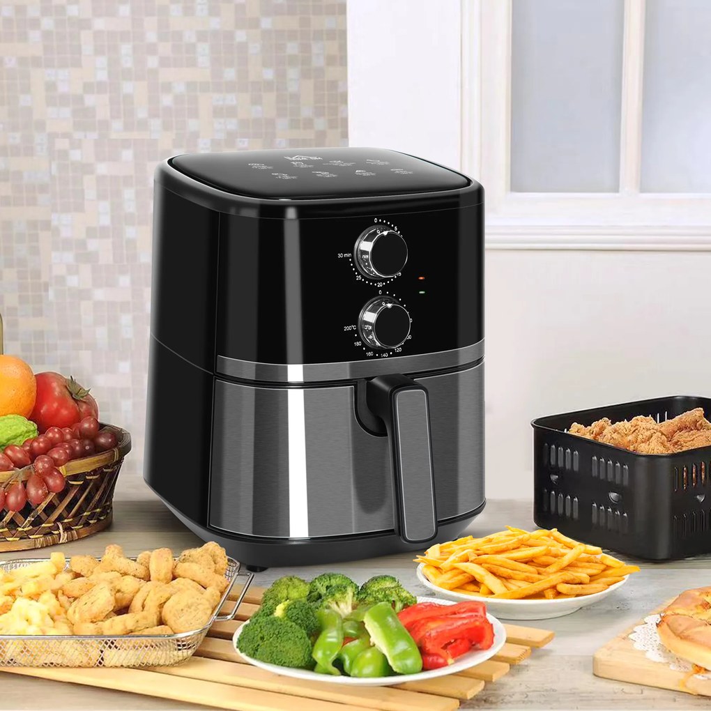 HOMCOM Fritadeira sem Óleo 4,5L Fritadeira de Ar Quente 1500W com 8 Programas Temporizador Temperatura Ajustável Desligamento Automático e Cesta Antiaderente 35,5x28x33,8cm Preto