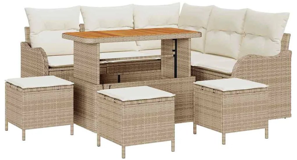 Conjunto de Sofá de Jardim 9 Peças com Almofadas Bege em Rattan Sintét