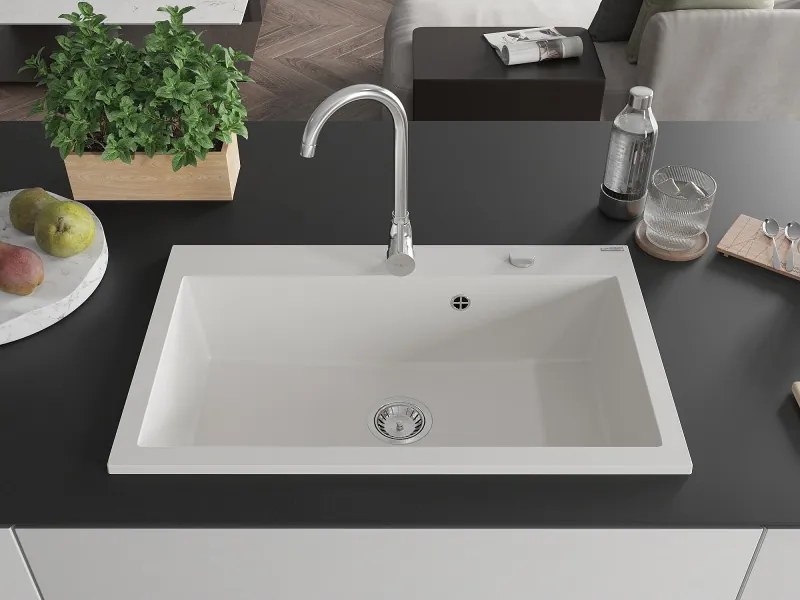 Mexen Elix lava-loiça de granito de 1-bacia 800 x 500 mm, branco, sifão cromado - 6527801005-20