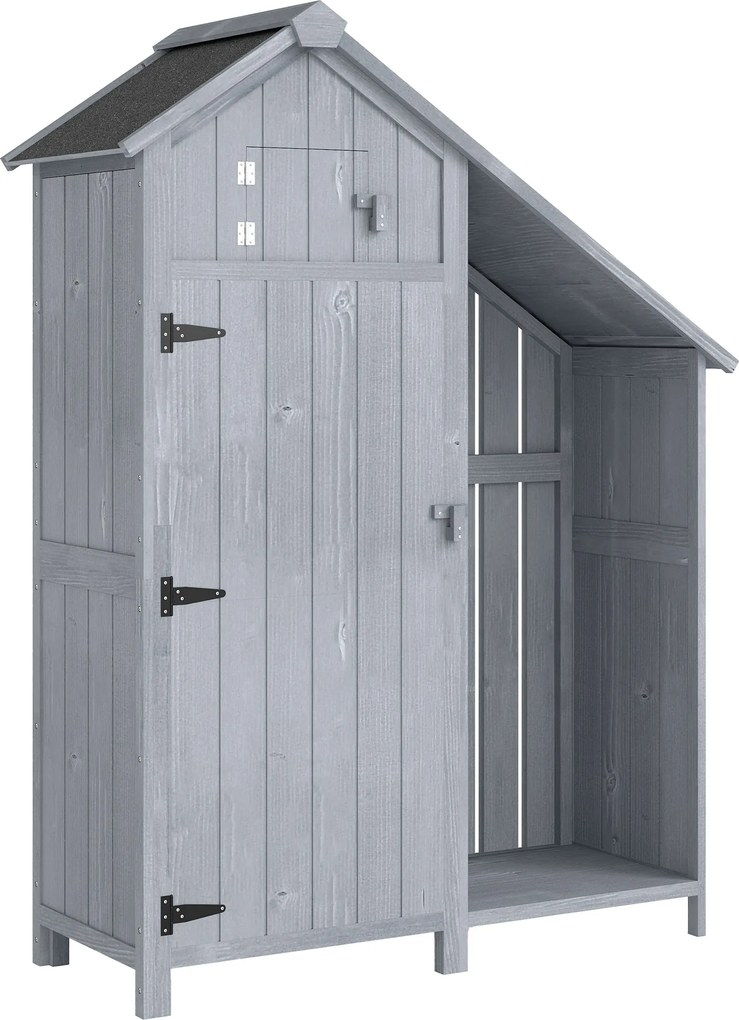 Outsunny Armário de jardim em madeira para exterior, resistente às intempéries, abrigo de ferramentas com telhado asfáltico e prateleira 129 x 51,5 x 180 cm Cinza | Aosom Portugal
