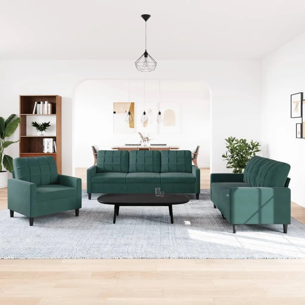 3 pcs conjunto de sofás com almofadões veludo verde-escuro