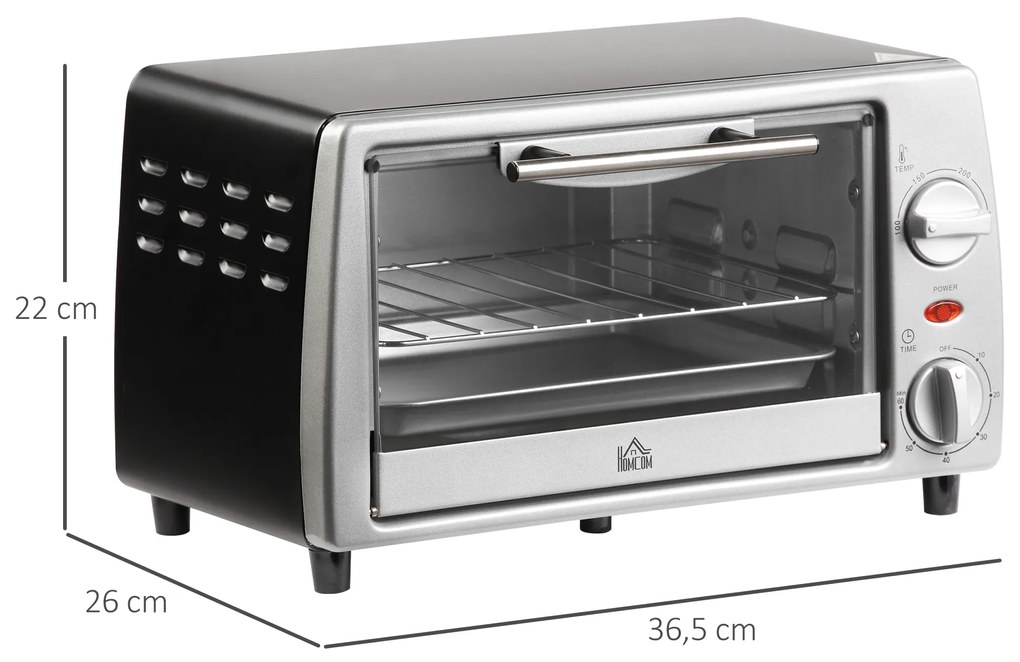 Mini Forno de Convecção 10 Litros 750W com Temperatura até 230 °C Temporizador 60 Minutos Bandeja e Grade 36,5x26x22cm Preto e Prata