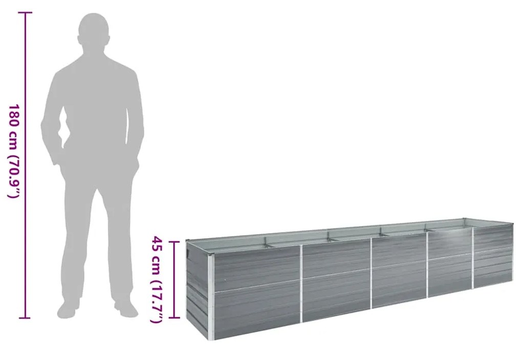 Canteiro elevado jardim aço galvanizado 400x80x45 cm cinzento
