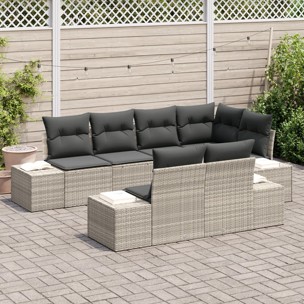 Conjunto de Sofás de Jardim de 7 Peças com Almofadas Cinza Claro Vime