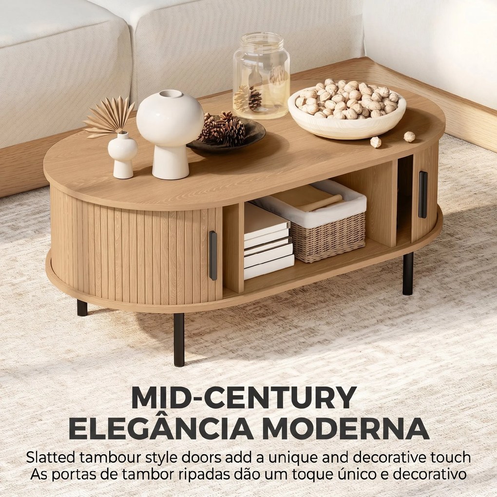 Mesa de Centro com Portas Deslizantes Mesa de Café Oval com Armazenamento Oculto 100x55x40 cm Natural