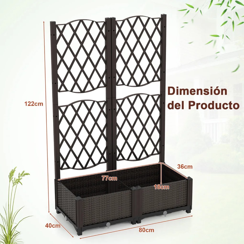 Floreira dupla com treliça de plástico para exterior com orifícios de drenagem Floreira para exterior para pátio de jardim Castanho