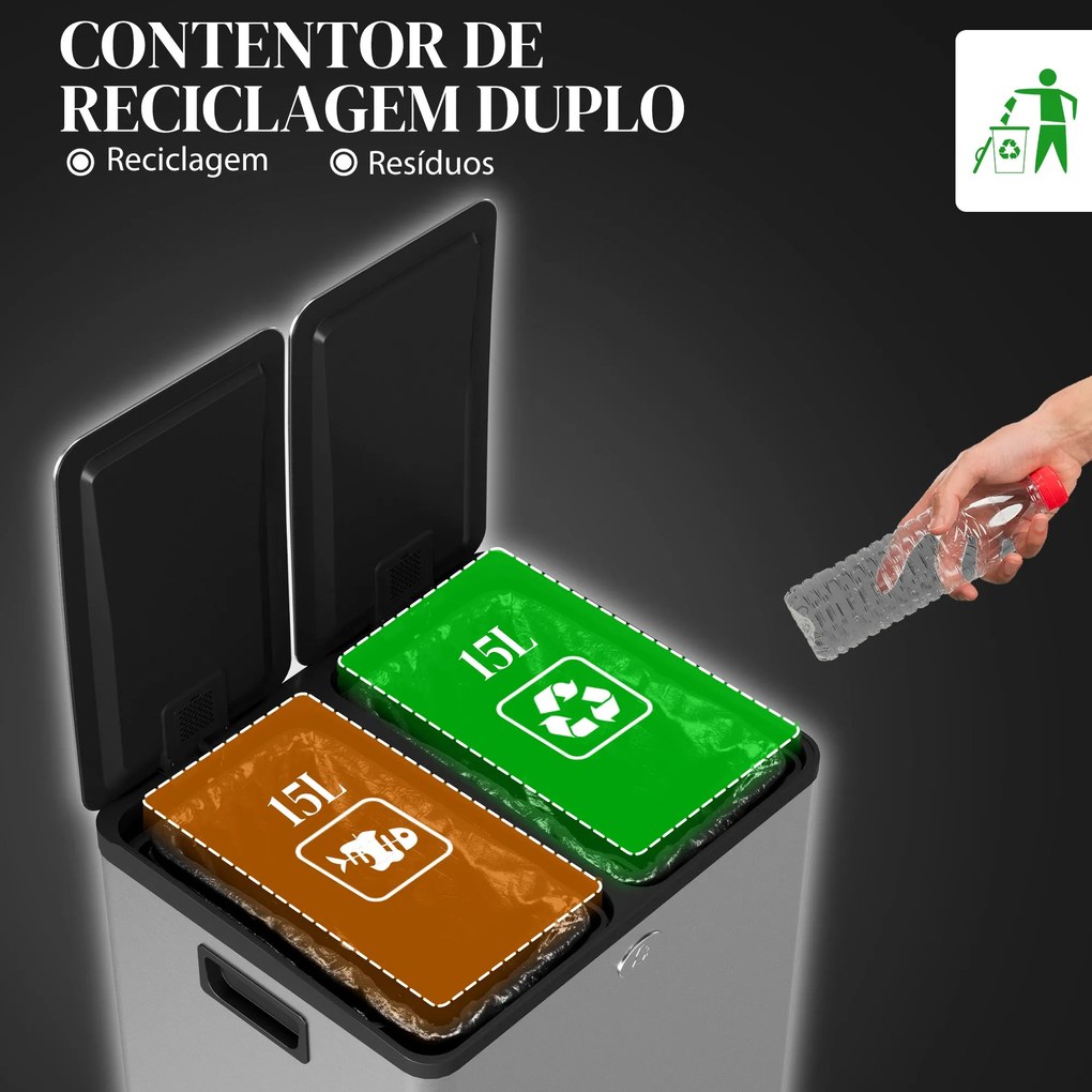 Balde de Lixo de Cozinha com 2 Compartimentos 2x15L Cubo de Lixo de Aç
