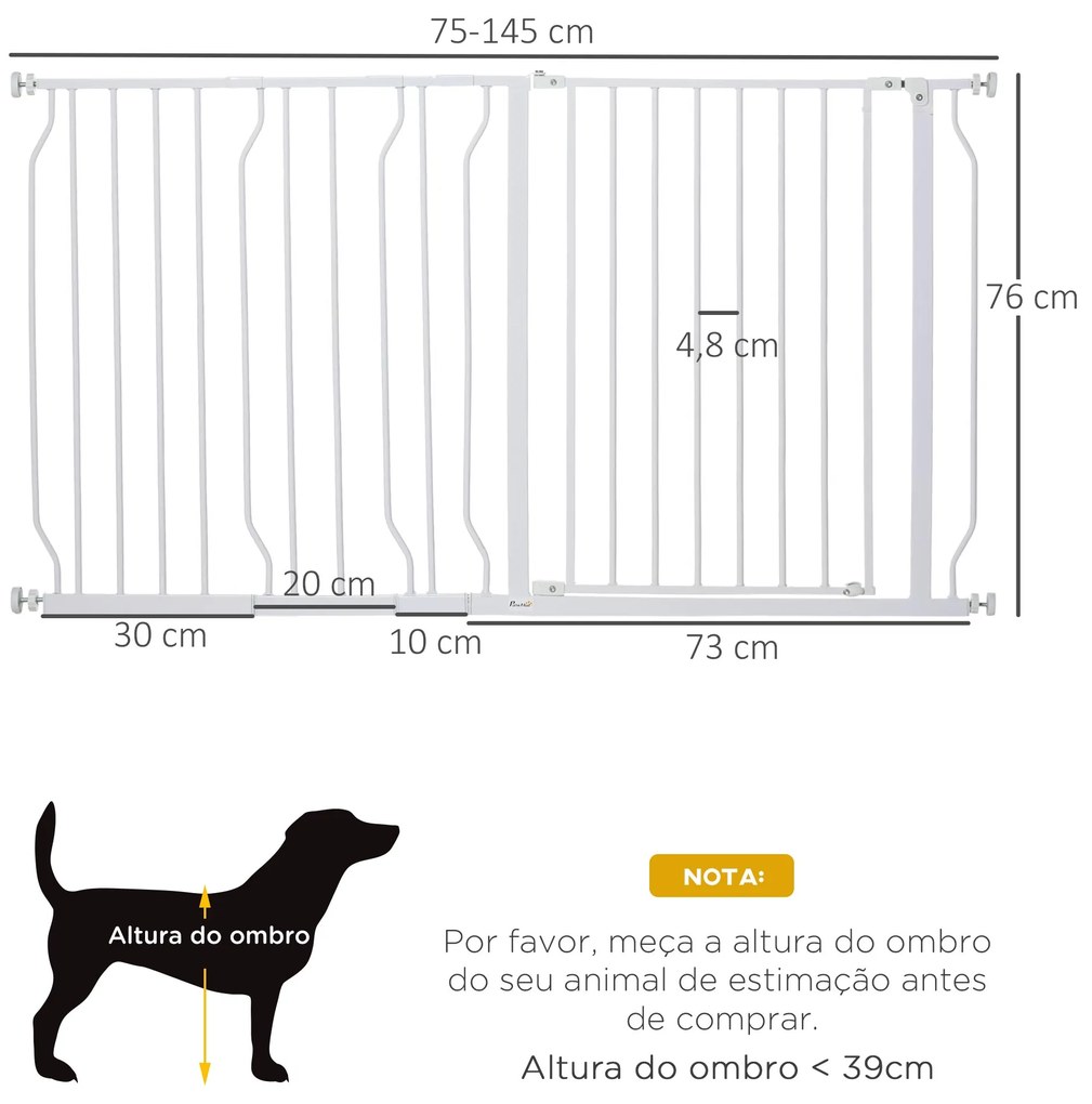 Barreira de Segurança para Cães Extensível para Escadas e Portas 75-145cm com 3 Extensões Altura 76cm Branco