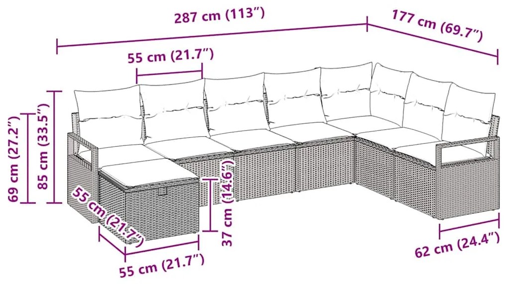 Conjunto de Sofá de Jardim de 8 Peças com Almofadas Cinza Claro em Pol