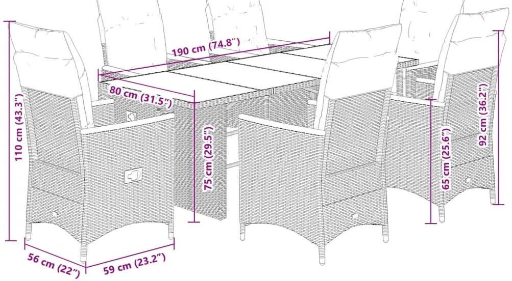 7 pcs conjunto de bistrô p/ jardim c/ almofadões vime PE preto
