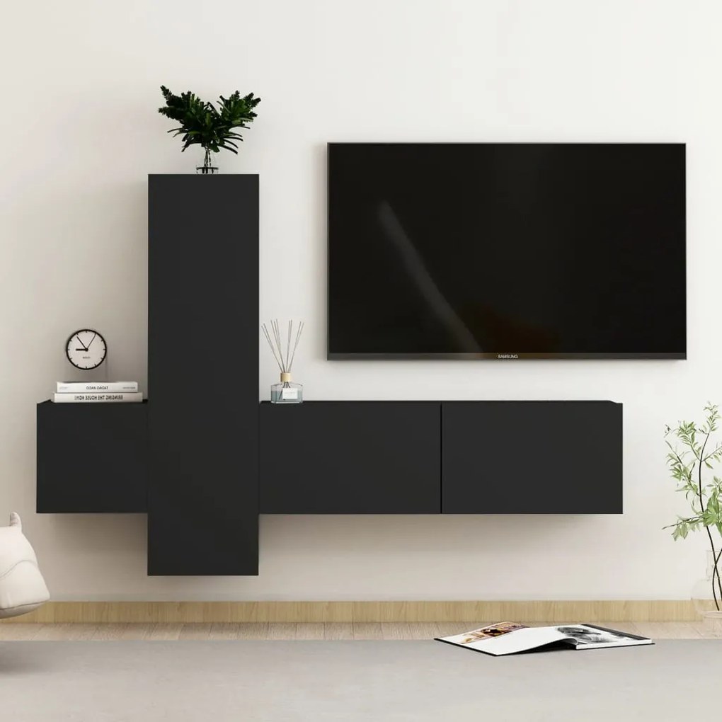 3078761 vidaXL 3 pcs conjunto de móveis de TV contraplacado preto