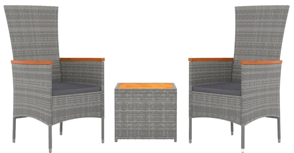 3 pcs conjunto lounge de jardim vime PE/acácia maciça cinza