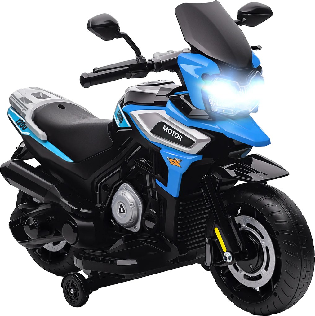 AIYAPLAY Moto elétrica infantil 6 V, carro elétrico infantil com rodas de treino, música, efeitos luminosos, azul | Aosom Portugal