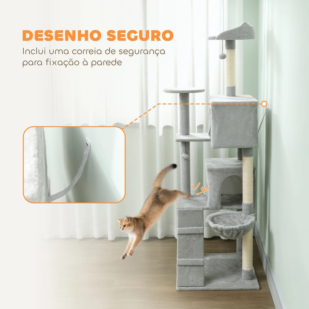 Arranhador para Gatos com Múltiplas Plataformas Cama 2 Cavernas Rede Escada Postes de Sisal 56x56x180 cm Cinza