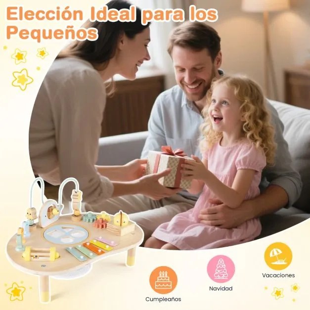 Mesa de atividades 7 em 1 para crianças 44 x 31 x 27 cm Montessori sensorial de madeira com labirinto de contas e xilofone para 12+ meses Natural