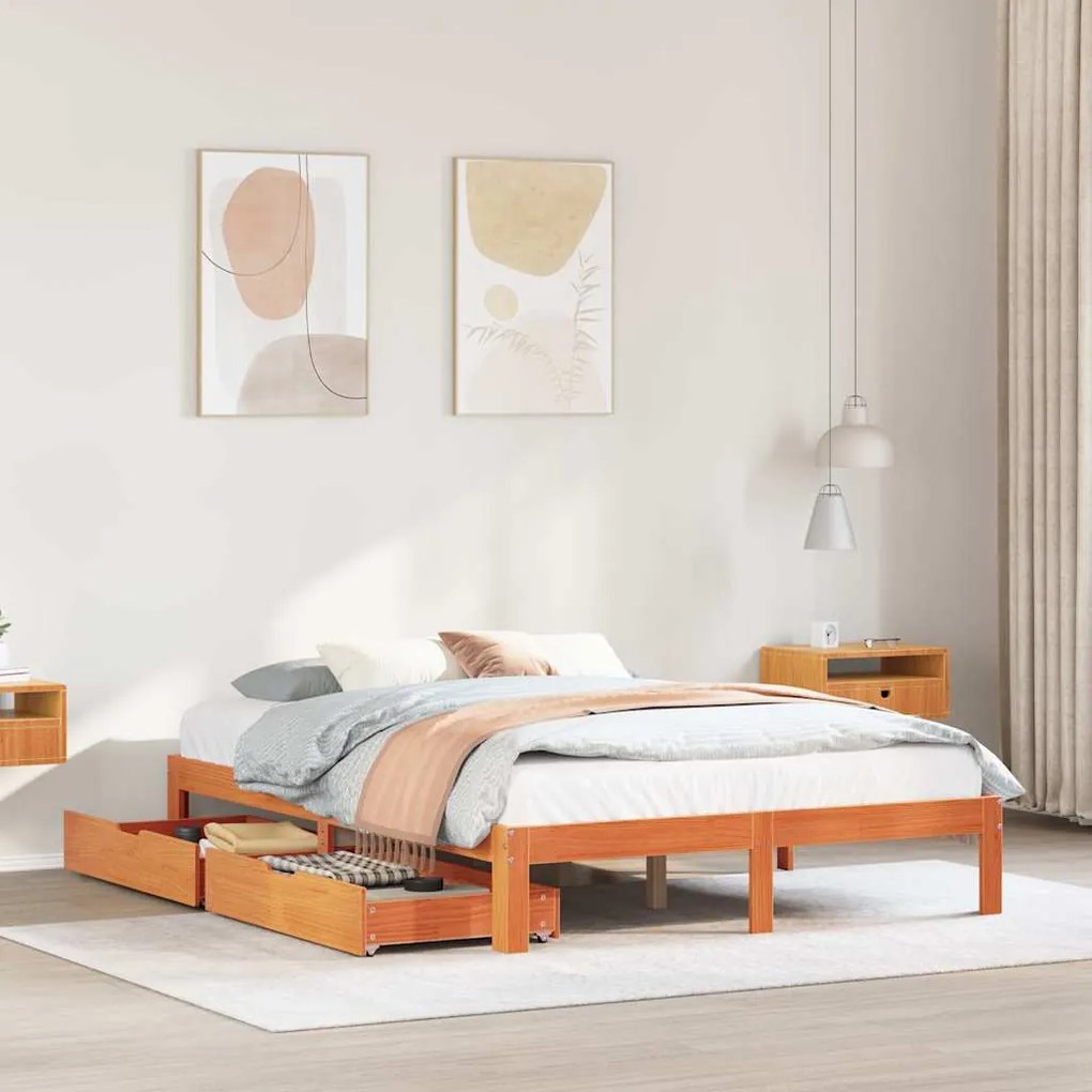 vidaXL Estrutura cama c/ gavetas 140x200 cm pinho maciço castanho-mel