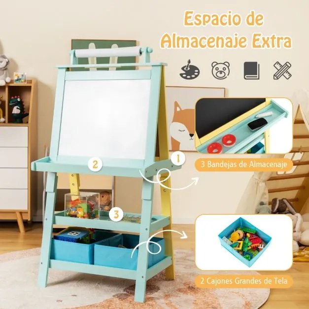 Cavalete infantil de dupla face 3 em 1 com 2 prateleiras 2 caixas e tabuleiro grande 59 x 50 x 117 cm Azul claro