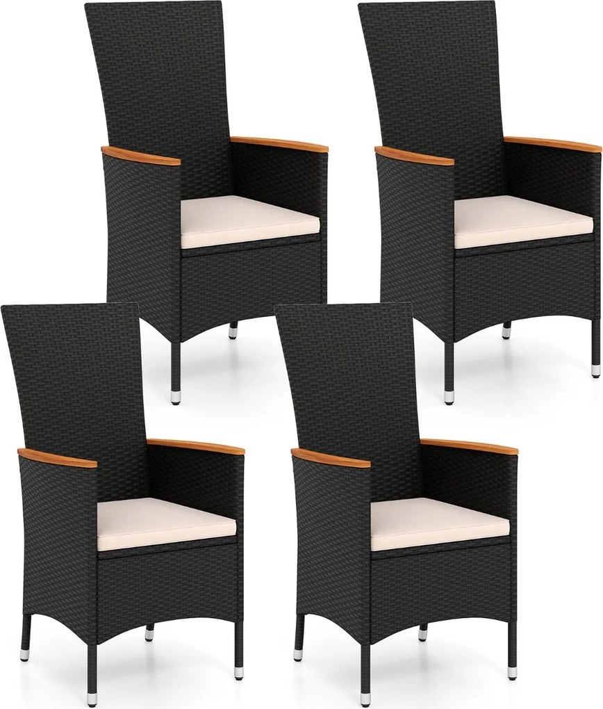 Conjunto de 4 cadeiras de jardim em rattan com encosto alto (MESA NÃO INCLUIDA), braços em madeira de acácia e almofada macia para terraço, alpendre o